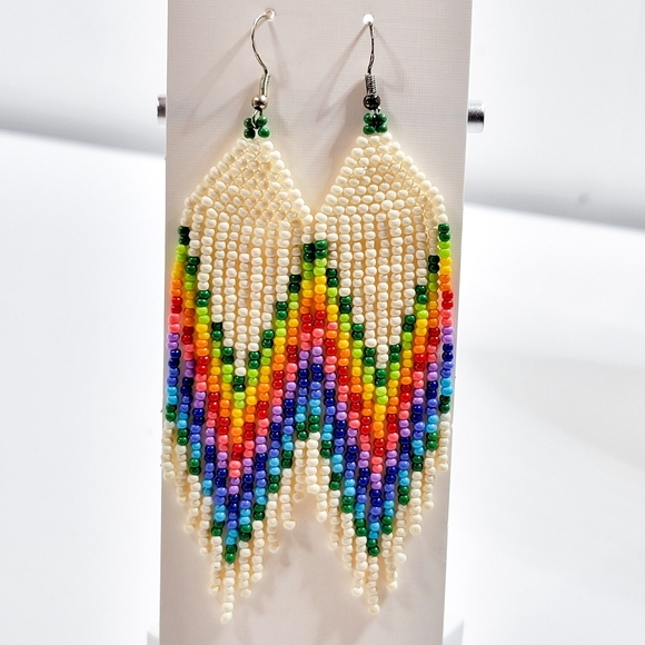 White Rainbow 🌈 Long Fringe Seed Bead Earrings - Picture 4 of 5